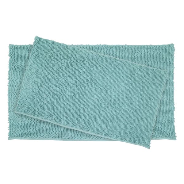 Resort Collection Plush Shag Chenille Aqua 21 in. x 34 in. and 17 in. x 24 in. 2-Piece Bath Mat Set