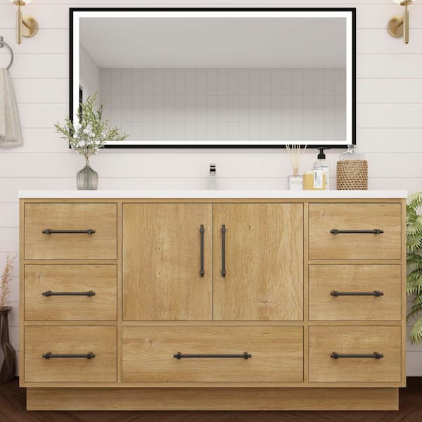 Victoria 59 in. W x 20 in. D x 35 in. H Single Sink Freestanding Bath Vanity in Oak with White Acrylic Top