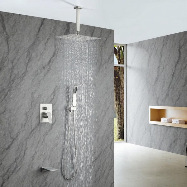 Single Handle 1-Spray 3-Way Tub and Shower Faucet 2.5 GPM Ceiling Mount Shower Head in Brushed Nickel Valve Included