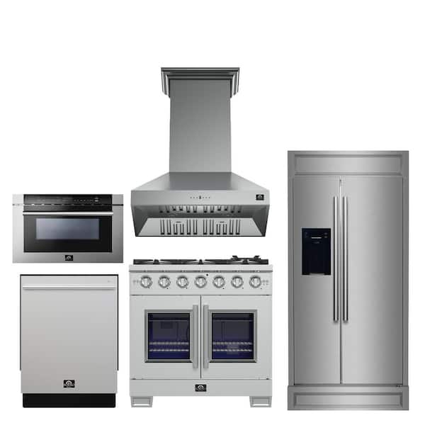 Forno 5-Pieces Range, Refrigerator, 24 in. Built-In Tall Tub Dishwasher, Microwave Drawer, Range Hood in Stainless Steel