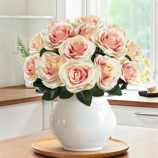 LIVING LUXURY 18 in. Ivory Pink Artificial Queen Rose Flower Stem