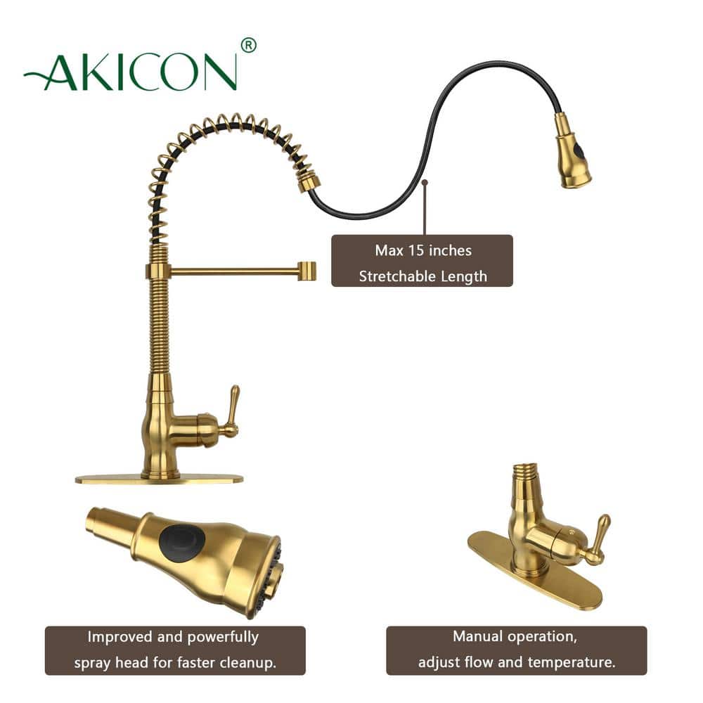 Brushed Gold Brass Double Handle Kitchen Faucet with Pull-out Spray