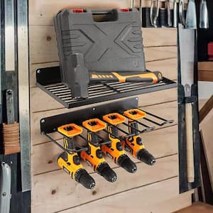 Black Utility Storage Rack, Wall Mounted Power Tool Organizer Holder with 2-Layers and 4-Drill Holder