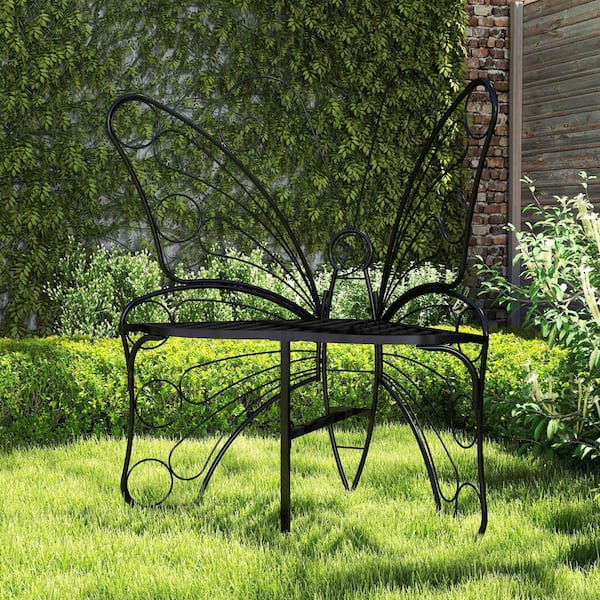 Black 33 in. Butterfly Cast Metal Outdoor Bench, Patio Sofa