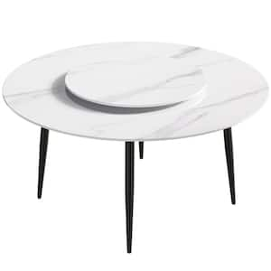 59.05 in. Modern Round White Lazy Susan Rotary Sintered Stone Dining Table with Black Carbon Steel Legs (Seat 8)