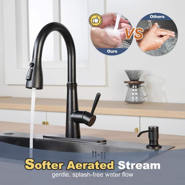 3 Functions Single Handle Pull Down Sprayer Kitchen Faucet with Soap Dispenser in Stainless Steel Oil Rubbed Bronze
