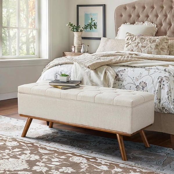 Pero Cream 50 in. Linen Fabric Upholstered Storage Bench with Solid Wood Legs, Button Tufted Ottoman Bench for Bedroom