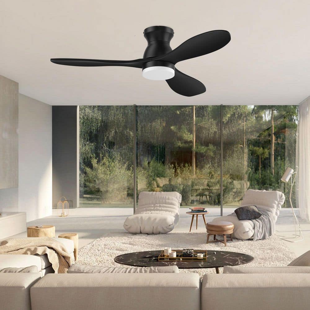 LINJO 52 in. Smart Black 3 Blades Flush Mount Standard Ceiling Fan
