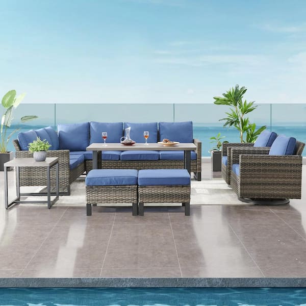 Gymojoy Valenta Gray 8-Pcs Wicker Patio Conversation Set with Blue Cushions