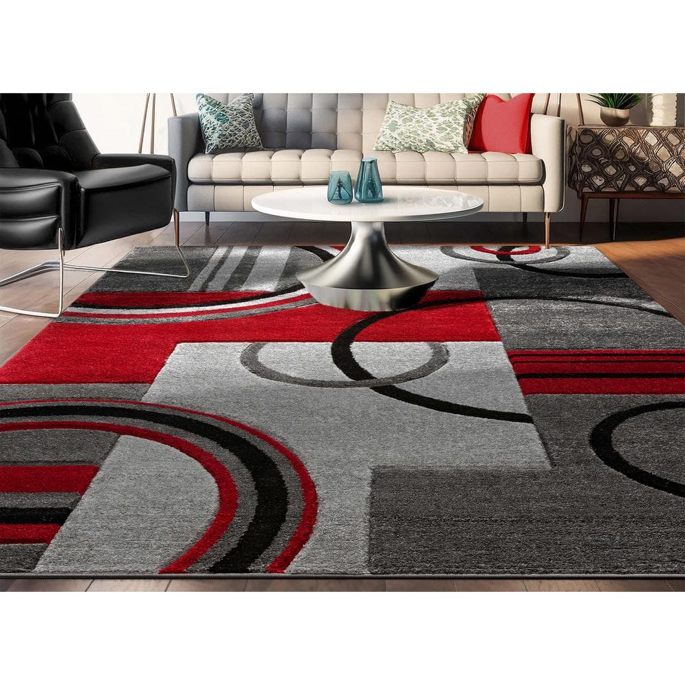 Large Gray and Red Synthetic Geometric Area Rug