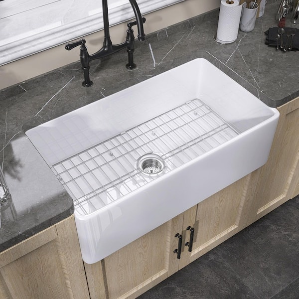 Getpro 36 in. Rectangular Apron Front Farmhouse Sink Single Bowl White Fireclay Undermount Sink with Bottom Grid and Strainer