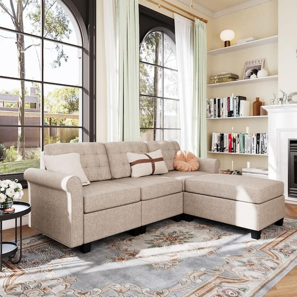 78.6 in. Modern 4-Piece Linen Sectional Sofa with 1-Ottoman in Beige