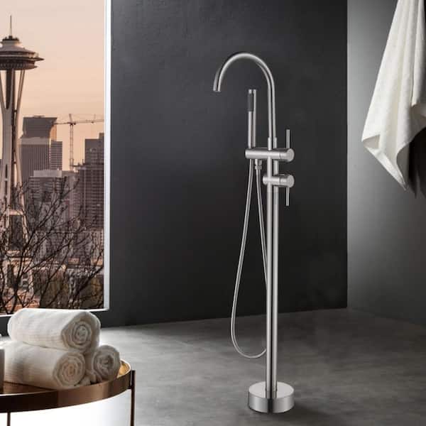 Free Standing Single-Handle Floor Mount Bathroom Tub Faucets with Handheld Shower in Brushed Nickel