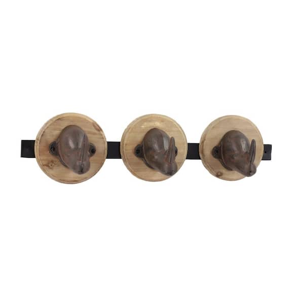 Wood and Metal Rhino Sculpture Wall Mounts Decorative Wall Hook Rack with 3 Hooks 19 in. x 5 in.