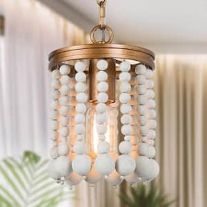 Modern Farmhouse Kitchen Island Pendant Light 1-Light Antique Gold Boho Pendant Light with White Wooden Beads