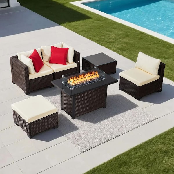 6-Piece Outdoor Patio Furniture Set Wicker Rattan Outdoor Sectional Conversation Set w/ 50000BTU Propane Fire Pit Black