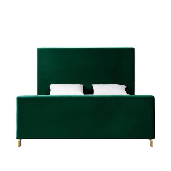 HomeRoots Green Wood Frame King Panel Bed with Upholstered