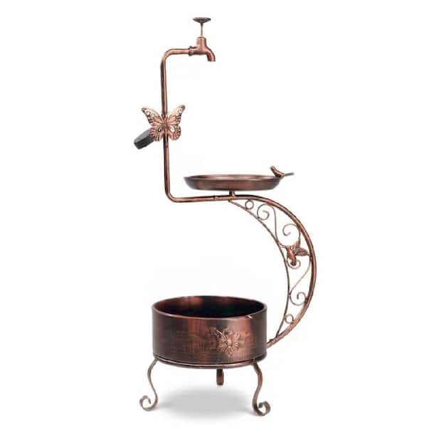 Copper Brown Metal Vintage Platform Feeder 3.5 lbs. Capacity, Pedestal Standing Bird Bath w/ Solar Lamp, FlowerPlanter