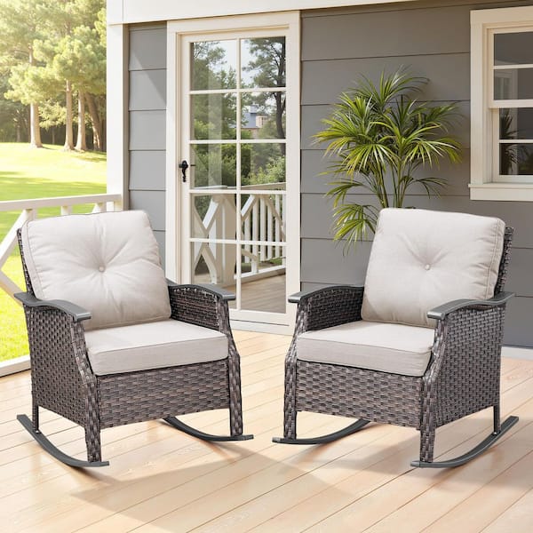 Dark Brown Rocking Wicker Outdoor Lounge Chair with Beige Cushions (2-Pack)