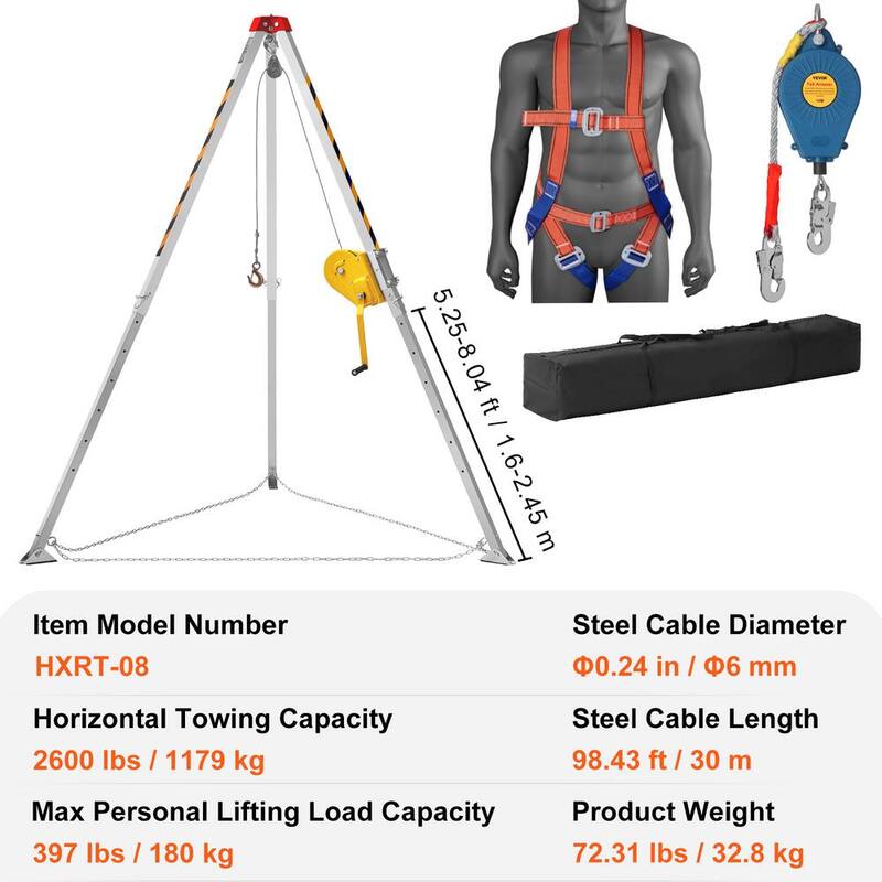 Confined Space Tripod Kit 2600 lbs. Winch Rescue Tripod w/8 ft. Leg, 98 ft. Cable, 33 ft. Fall Protection and Harness