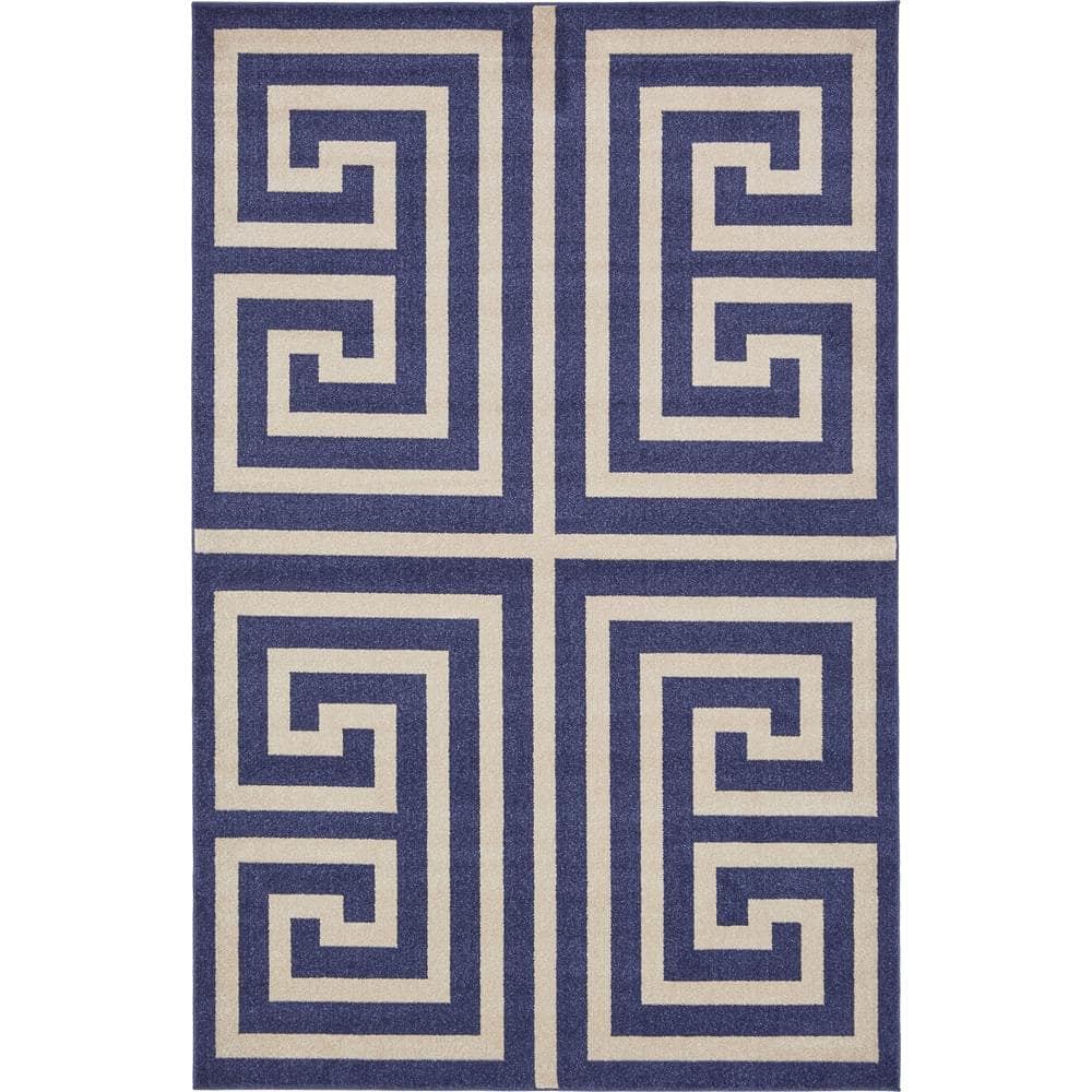 Navy Blue Geometric 6' x 9' Handmade Synthetic Area Rug
