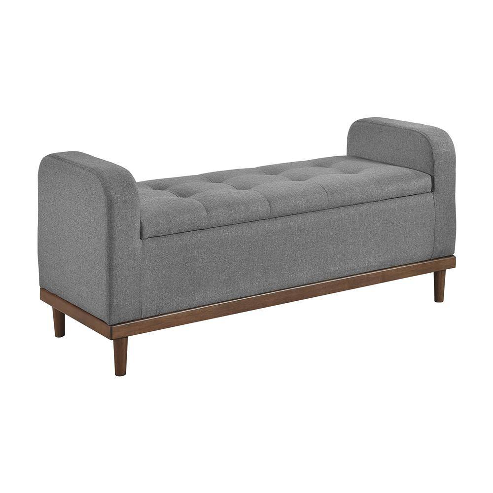 Gray Fabric Lift Top Storage Bench with Walnut Wood Frame