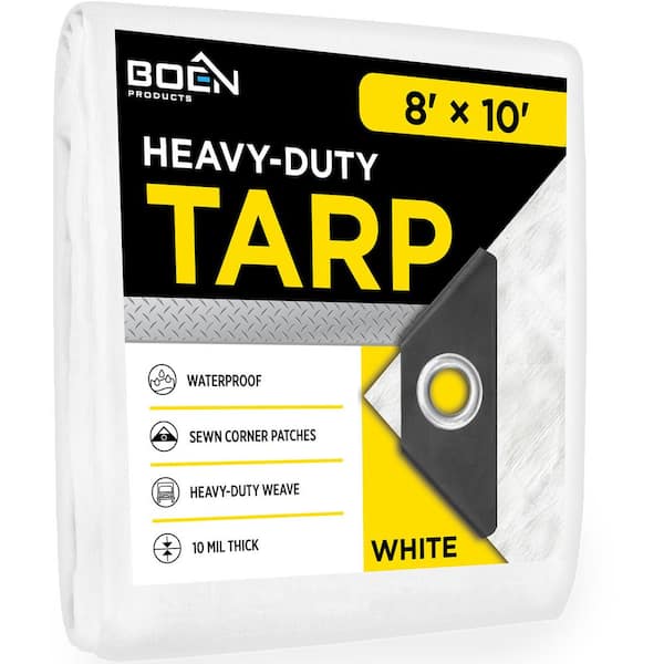 BOEN 8 ft. W x 10 ft. L White Tarp Multi Purpose Waterproof Weave and Laminated, Heavy Duty UV treated 10 mil Thick