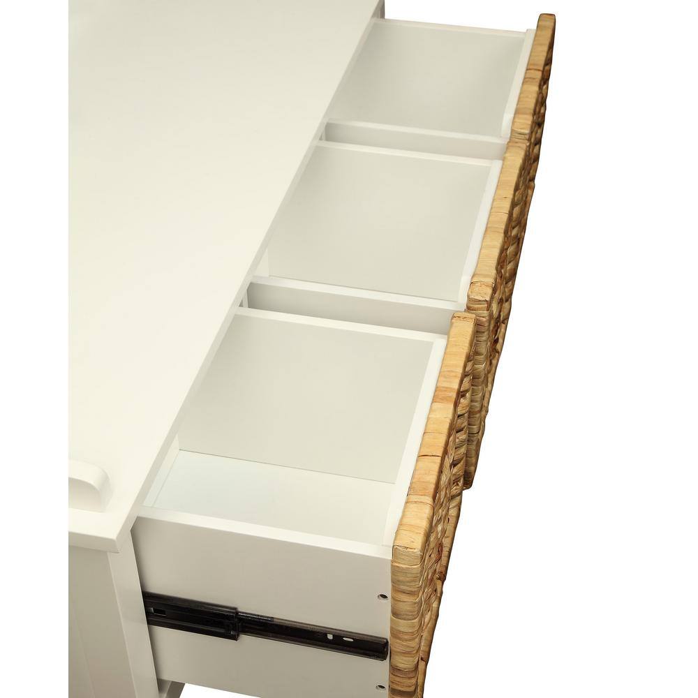 White Wood and Rattan Storage Bench with Drawers