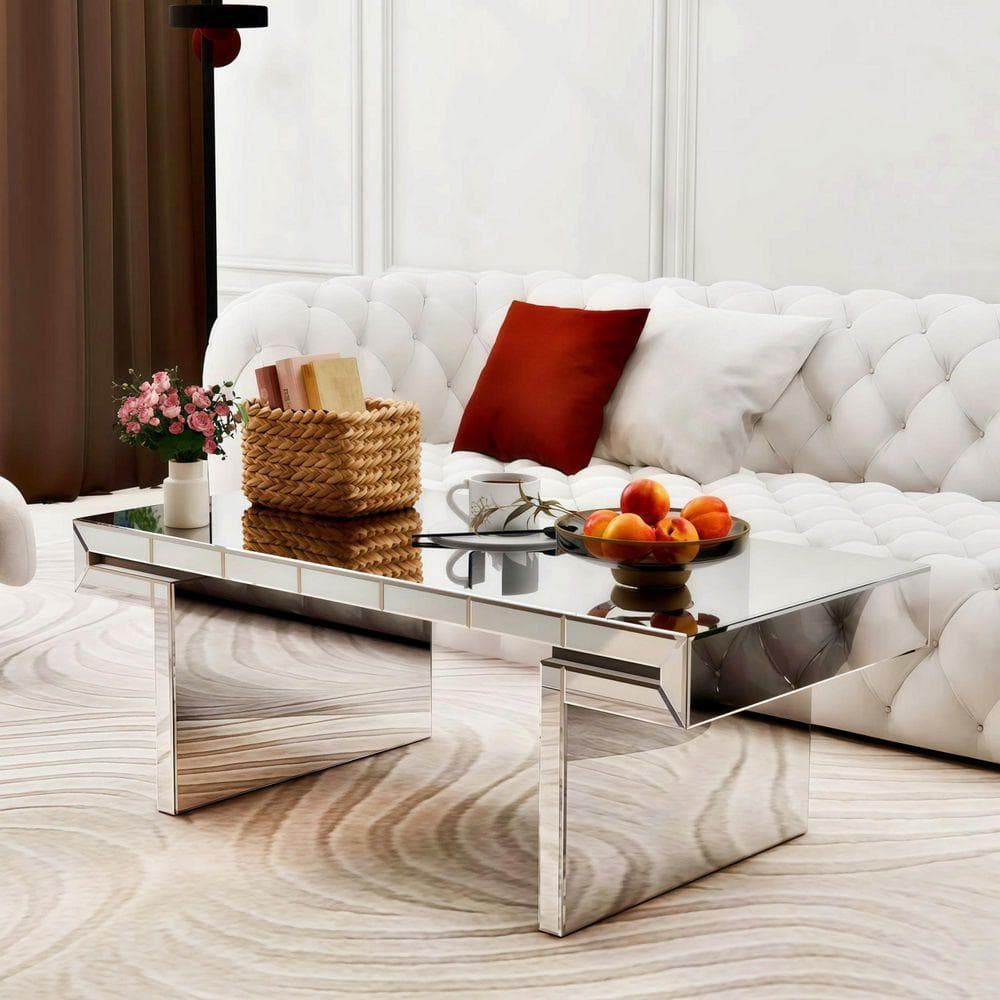 47.3 in. Silver Rectangle Glass Coffee Table with Fluted Tempered Glass Modern Sofa Side Table Mirror Center Tables