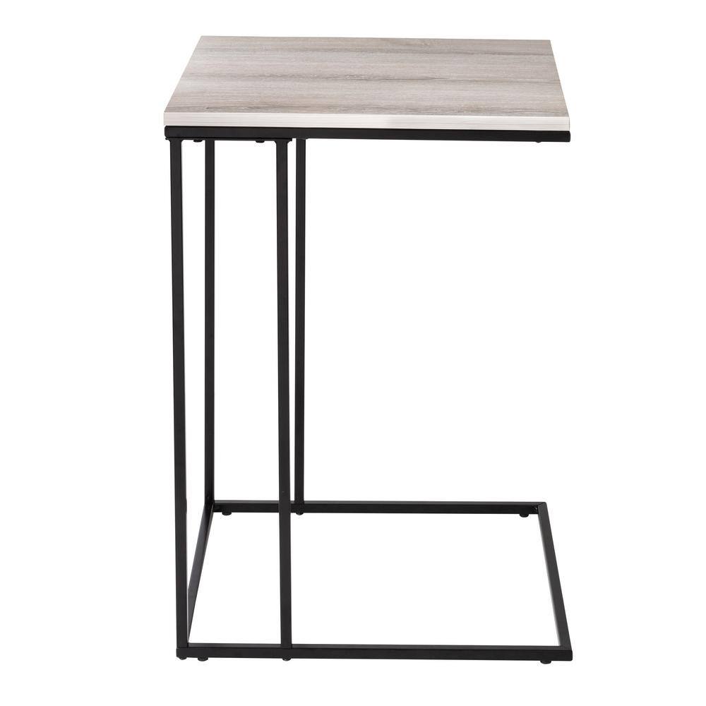 Natural Wood Grain and Matte Black Metal Square C-Shape End Table