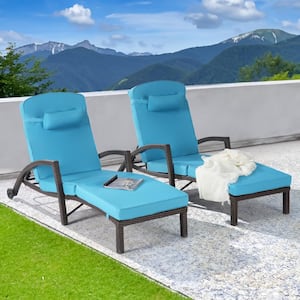 2-Piece Patio Outdoor Wicker Cushioned Lounge, with Height Adjustable Backrest and Wheels, Lake Blue Cushion