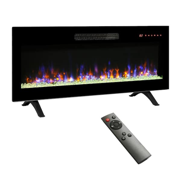 42 in. Wall Mount Electric Fireplace in Black, Recessed Ultra Thin Tempered Glass Front with Remote, LED Light Heater
