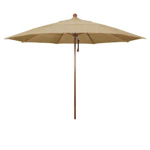 11 ft. Woodgrain Aluminum Commercial Market Patio Umbrella Fiberglass Ribs and Pulley Lift in Linen Sesame Sunbrella