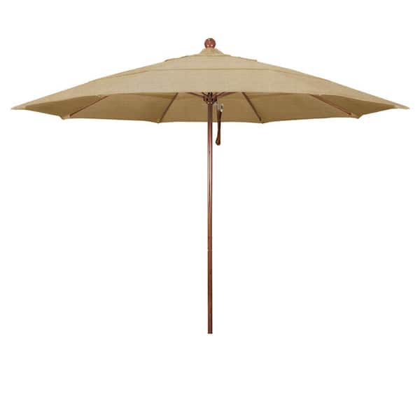 California Umbrella 11 ft. Woodgrain Aluminum Commercial Market Patio Umbrella Fiberglass Ribs and Pulley Lift in Linen Sesame Sunbrella