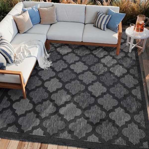 Easy Care Charcoal/Black 9 ft. x 12 ft. Geometric Contemporary Indoor Outdoor Area Rug