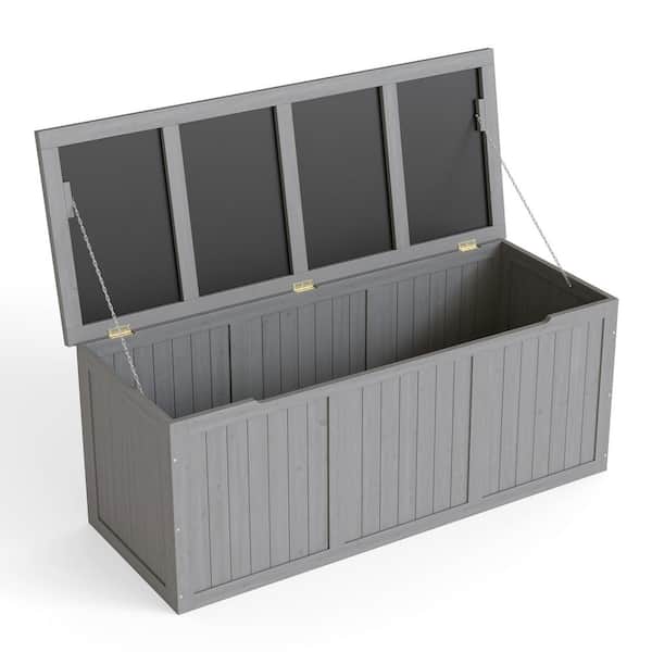 112 Gal. Grey Solid Wood Deck Box, Outdoor Storage Box with Hinged Lid for Patio Cushionsand Garden Tools
