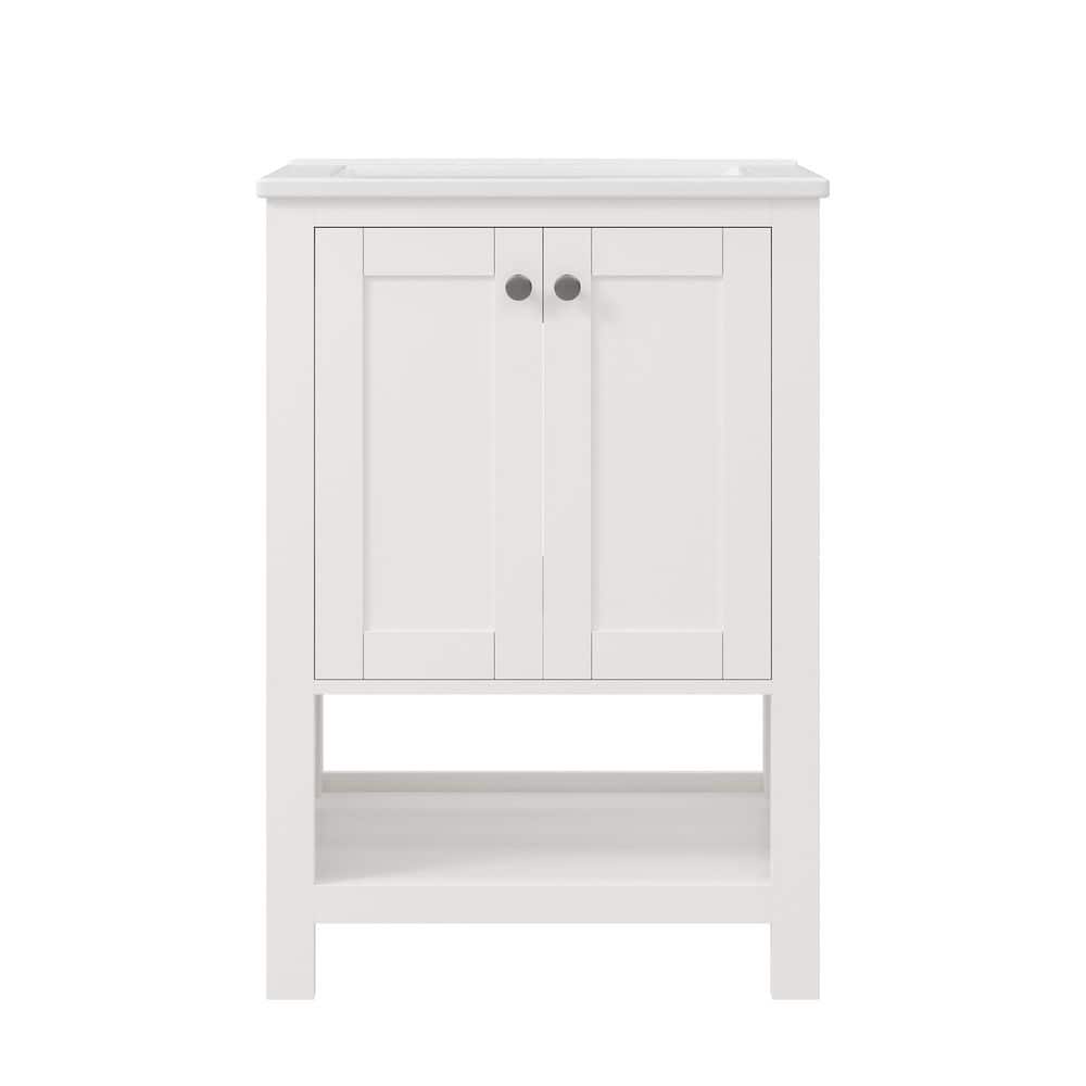 24" White Solid Wood Freestanding Bathroom Vanity with Ceramic Sink