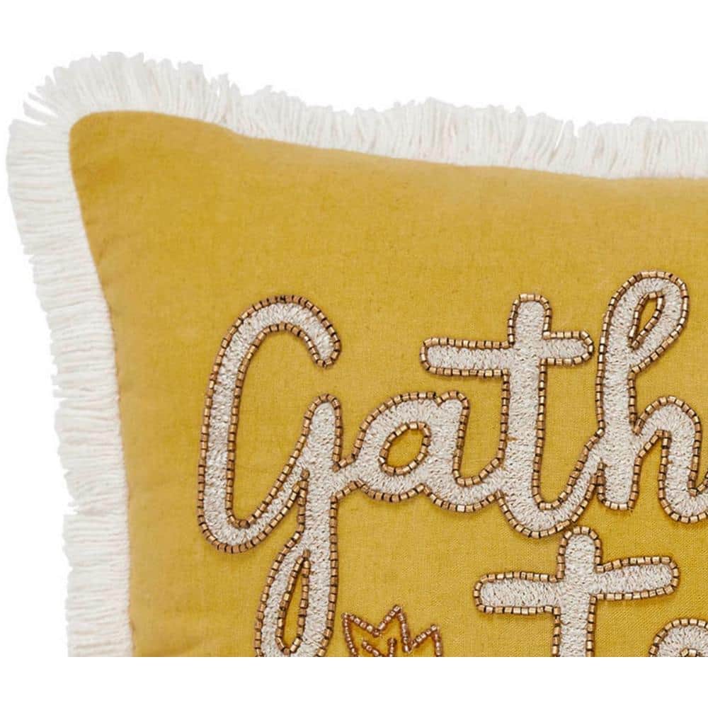 Gather Together Yellow Embroidered Cotton Blend Throw Pillow