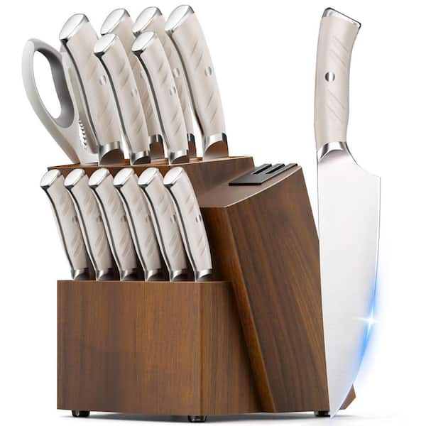 15-Piece Stainless Steel German Kitchen Knife Set with Block, Dual Sharpener and Ergonomic Handle, Elegant White