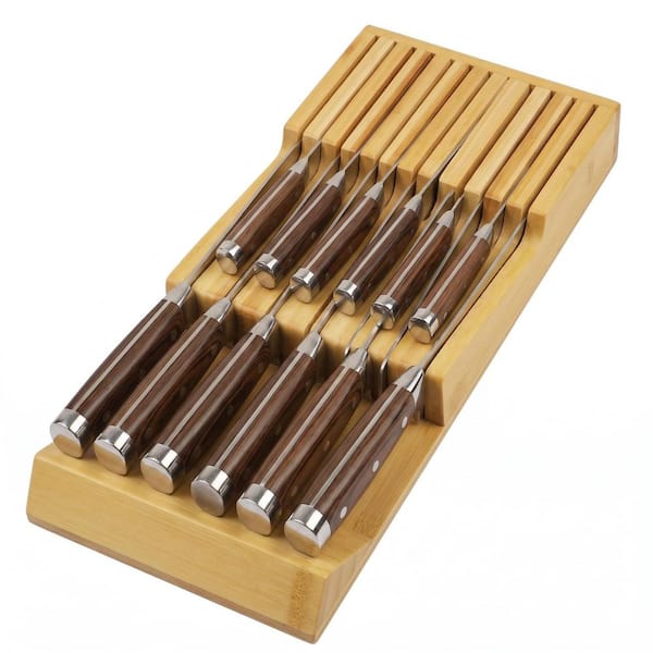 Bamboo Kitchen Drawer Knife Block Organizer, In-Drawer Knife Holder Fits 13 Knives with 2-Tier Storage Design