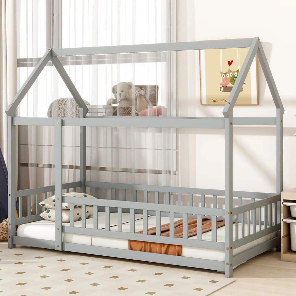 Gray Wood Frame Twin Size Platform Bed with Guardrails and Roof Frame price history on PriceWatchPro