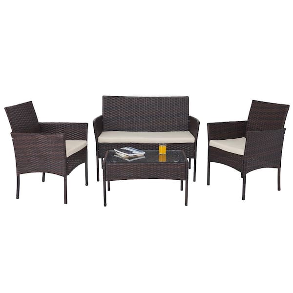 Merra 4-Piece Wicker Patio Conversation with Beige Cushions