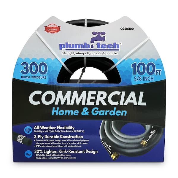 plumb tech Fits right, always tight, safe & durable. 5/8 in. x 100 ft. Black Nitrile Rubber Multi-Purpose Hot/Cold Water Hose: Commercial, Home and Garden, BP 300 psi