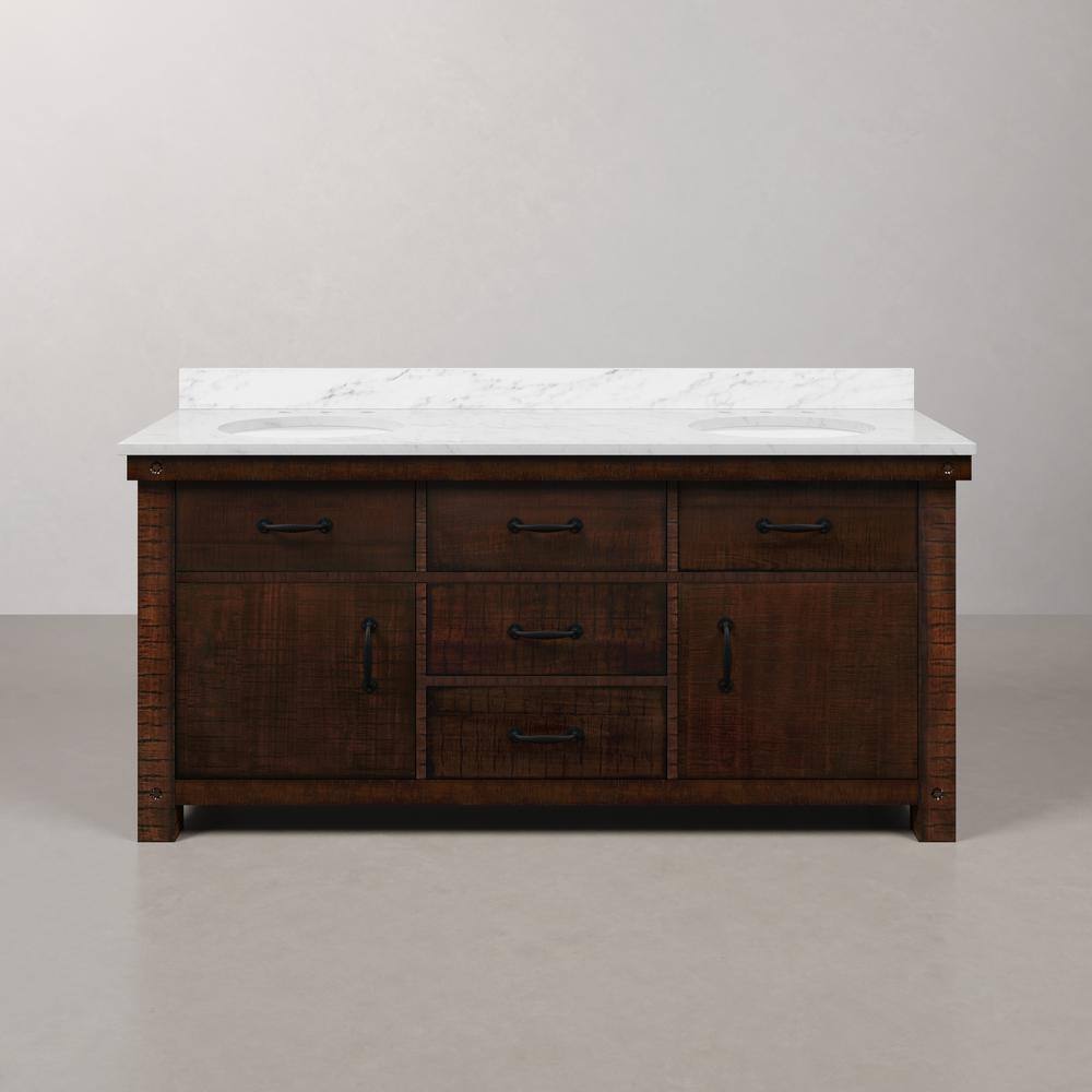 Aberdeen 72" Double Sink Rustic Sierra Vanity with Carrara White Marble Top
