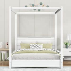 Contemporary White Wood Frame Queen Size Canopy Bed with Headboard, Footboard and Slat Support Legs