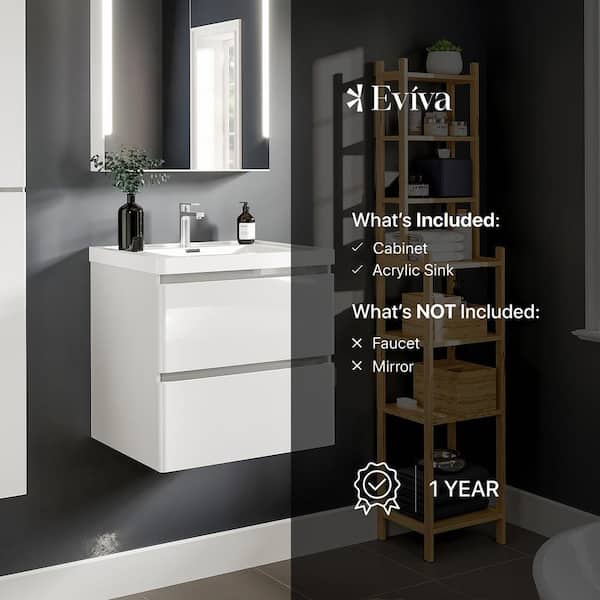 Glazzy 24 in. W x 16 in. D x 25 in. H Floating Bathroom Vanity in White with White Acrylic Top with White Sink