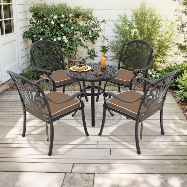 5-Piece Black Cast Aluminum Outdoor Dining Set with Brown Cushions