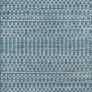 Ourika Moroccan Geometric Textured Weave Teal/Gray 5' Square Indoor/Outdoor Area Rug