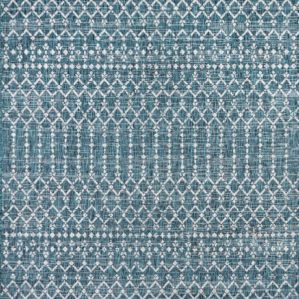 Ourika Moroccan Geometric Textured Weave Teal/Gray 5' Square Indoor/Outdoor Area Rug