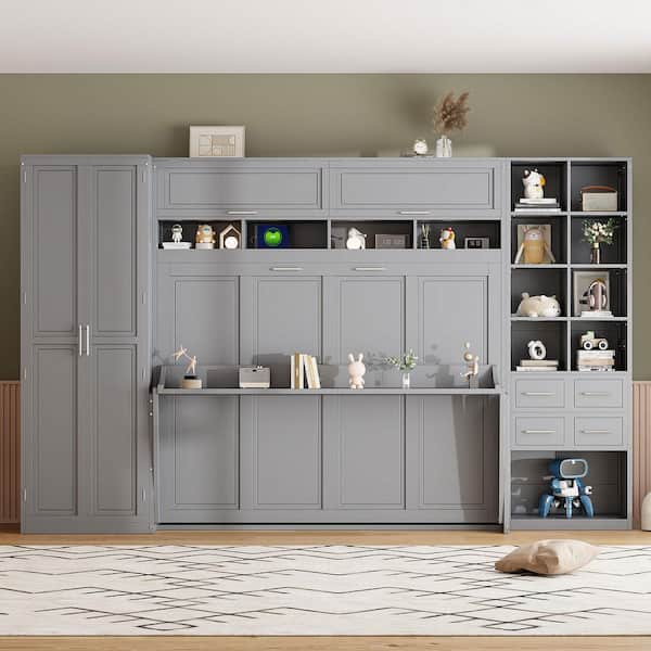 Gray Wood Frame Queen Murphy Bed with Closet, Drawers and Shelves